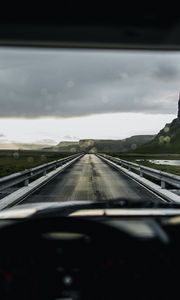 Preview wallpaper car, road, bridge, mountains, view