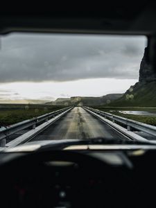 Preview wallpaper car, road, bridge, mountains, view