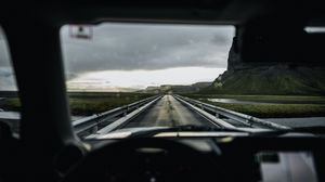 Preview wallpaper car, road, bridge, mountains, view
