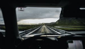 Preview wallpaper car, road, bridge, mountains, view