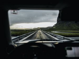 Preview wallpaper car, road, bridge, mountains, view