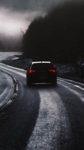 Preview wallpaper car, road, fog, dusk