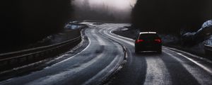 Preview wallpaper car, road, fog, dusk
