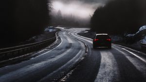 Preview wallpaper car, road, fog, dusk