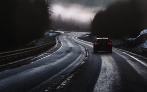 Preview wallpaper car, road, fog, dusk