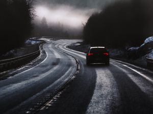 Preview wallpaper car, road, fog, dusk