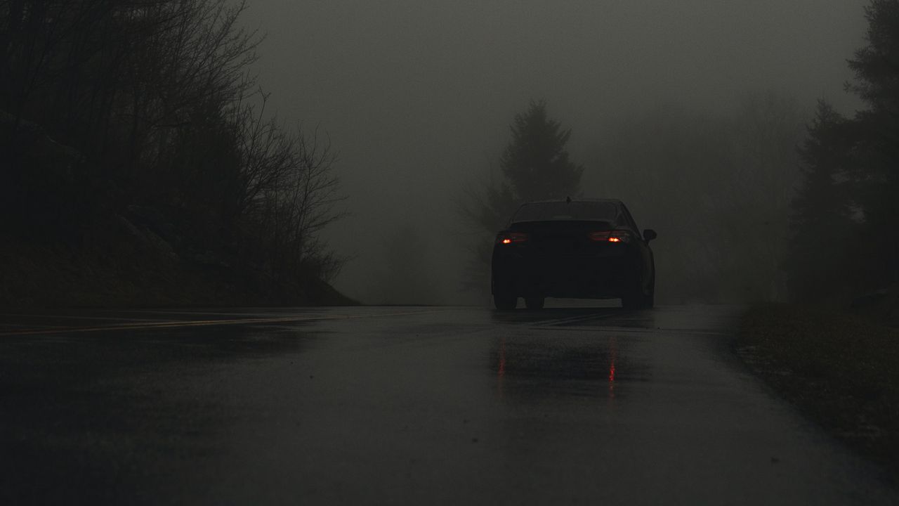 Wallpaper car, road, fog, dark