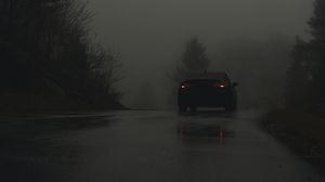Preview wallpaper car, road, fog, dark