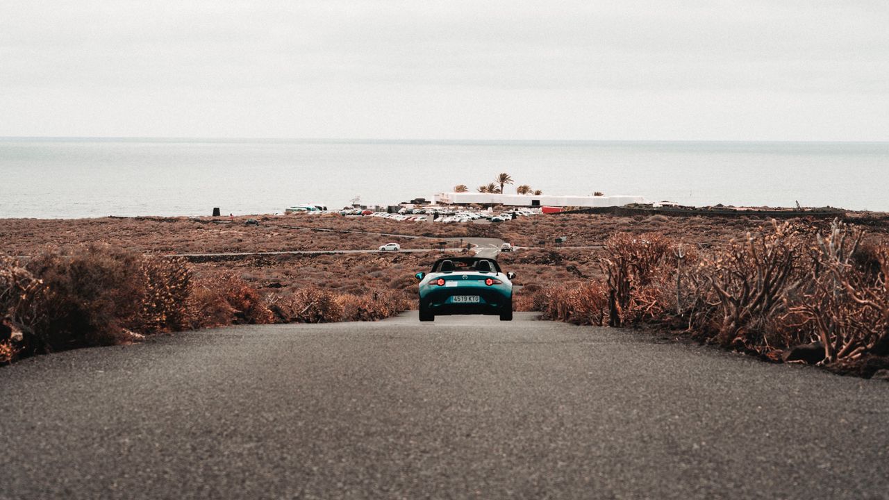 Wallpaper car, road, horizon, coast, landscape