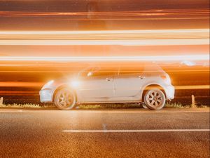 Preview wallpaper car, road, light, blur, long exposure
