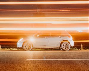 Preview wallpaper car, road, light, blur, long exposure