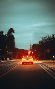 Preview wallpaper car, road, light, dusk, street