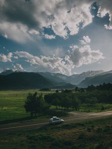 Preview wallpaper car, road, mountains, travel, suv