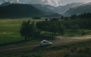 Preview wallpaper car, road, mountains, travel, suv