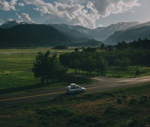 Preview wallpaper car, road, mountains, travel, suv