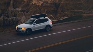 Preview wallpaper car, road, mountains, sunset, landscape