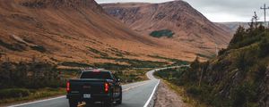 Preview wallpaper car, road, mountains, marking, distance