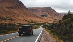 Preview wallpaper car, road, mountains, marking, distance