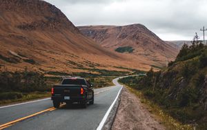 Preview wallpaper car, road, mountains, marking, distance