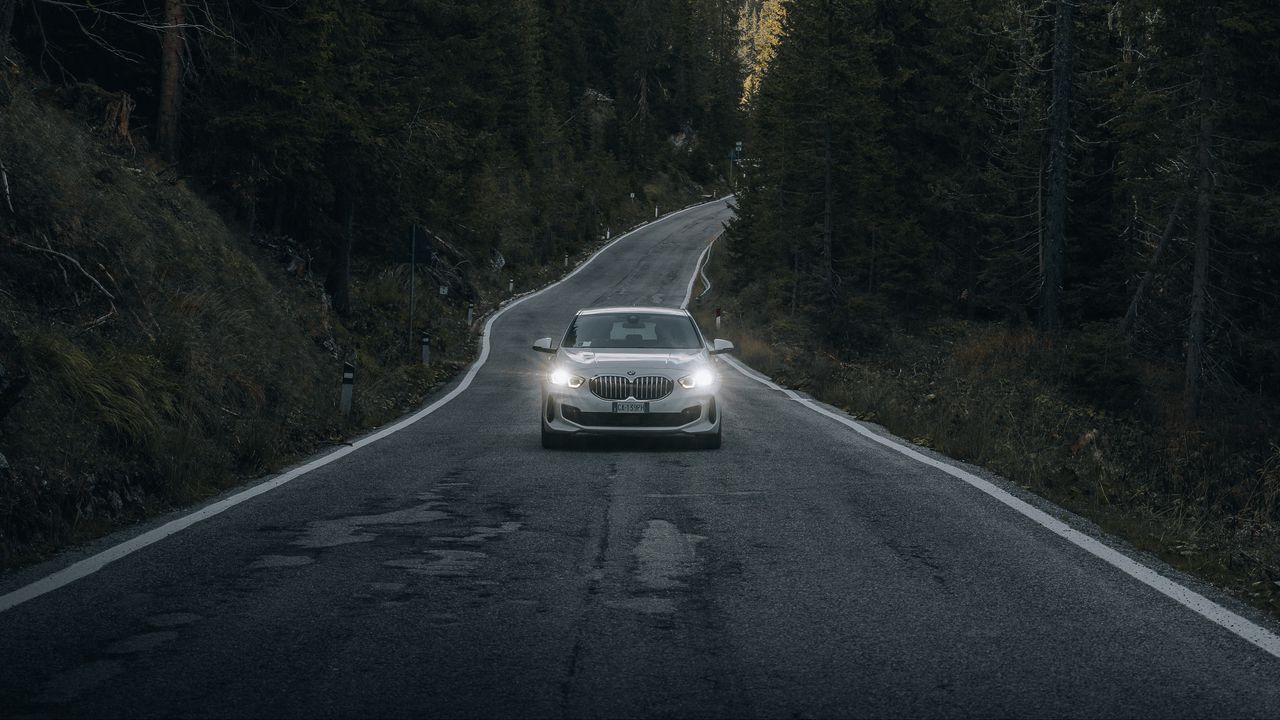 Wallpaper car, road, mountains, forest, nature