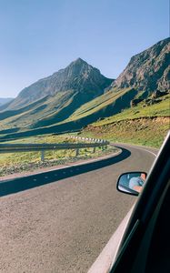 Preview wallpaper car, road, mountains, valley, travel