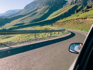 Preview wallpaper car, road, mountains, valley, travel