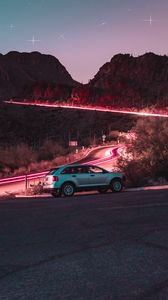 Preview wallpaper car, road, night, starry sky, hill