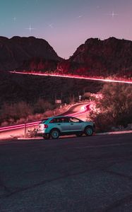 Preview wallpaper car, road, night, starry sky, hill