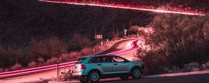 Preview wallpaper car, road, night, starry sky, hill