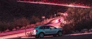 Preview wallpaper car, road, night, starry sky, hill