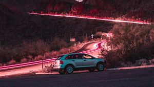 Preview wallpaper car, road, night, starry sky, hill