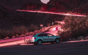 Preview wallpaper car, road, night, starry sky, hill