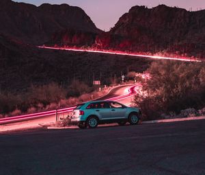 Preview wallpaper car, road, night, starry sky, hill