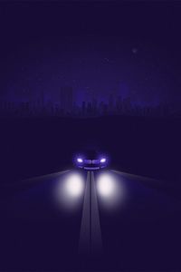 Preview wallpaper car, road, night, light, headlights, art