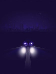 Preview wallpaper car, road, night, light, headlights, art