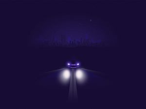 Preview wallpaper car, road, night, light, headlights, art