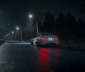 Preview wallpaper car, road, night, asphalt, wet, dark