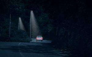 Preview wallpaper car, road, night, headlights, glow