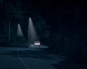 Preview wallpaper car, road, night, headlights, glow