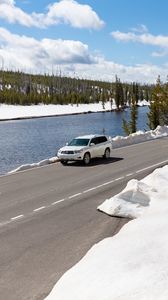 Preview wallpaper car, road, river, snow, white