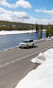 Preview wallpaper car, road, river, snow, white