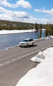 Preview wallpaper car, road, river, snow, white