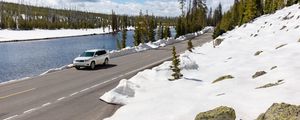 Preview wallpaper car, road, river, snow, white