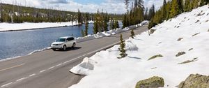 Preview wallpaper car, road, river, snow, white