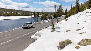 Preview wallpaper car, road, river, snow, white