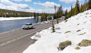 Preview wallpaper car, road, river, snow, white