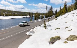 Preview wallpaper car, road, river, snow, white