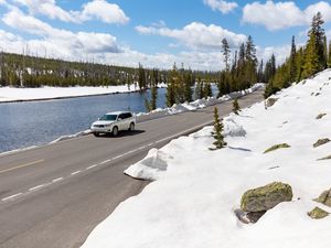 Preview wallpaper car, road, river, snow, white