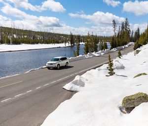 Preview wallpaper car, road, river, snow, white