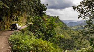 Preview wallpaper car, road, rock, bushes